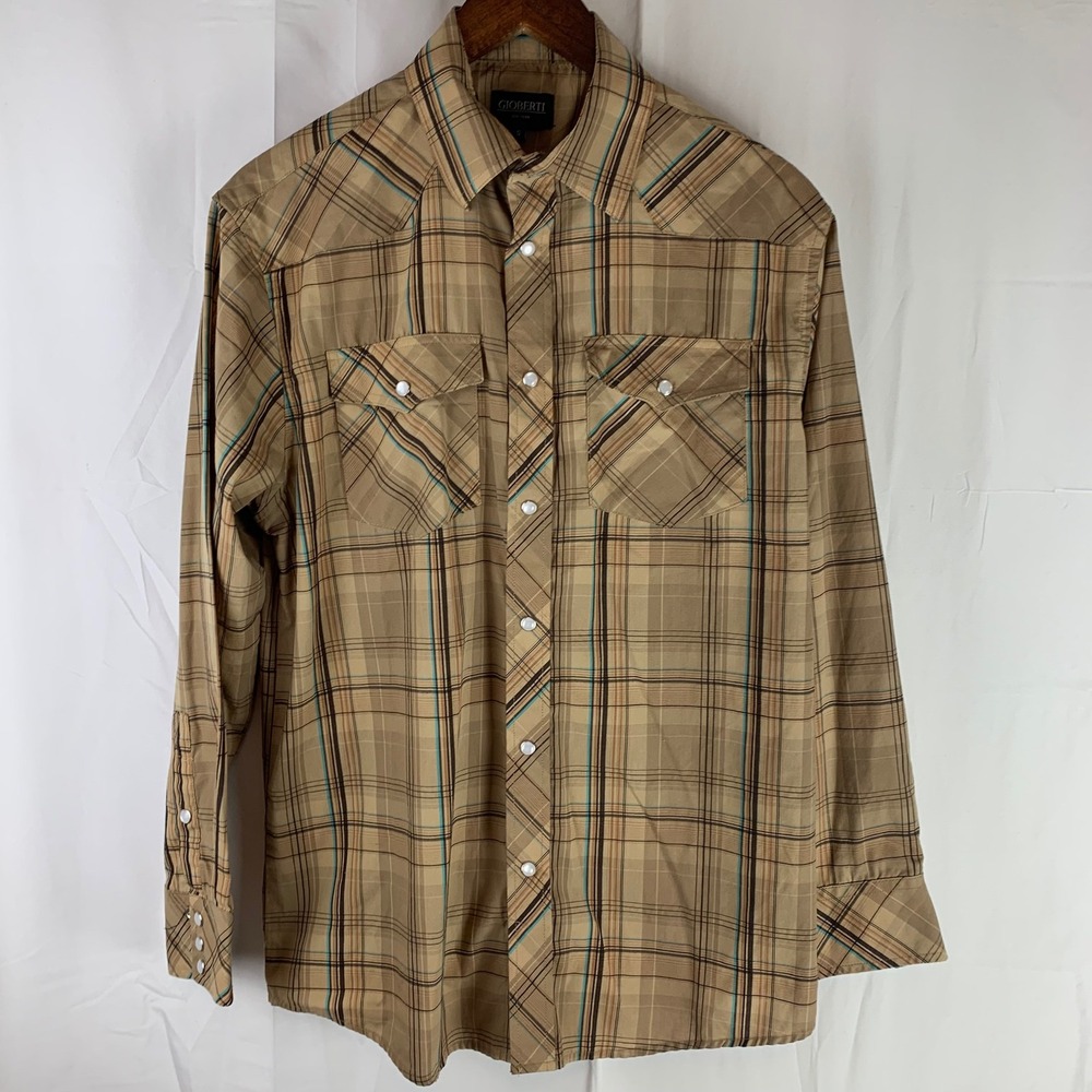 Gioberti Western Pearl Snap Shirt Mens Small Tan Plaid Long Sleeve Cowboy